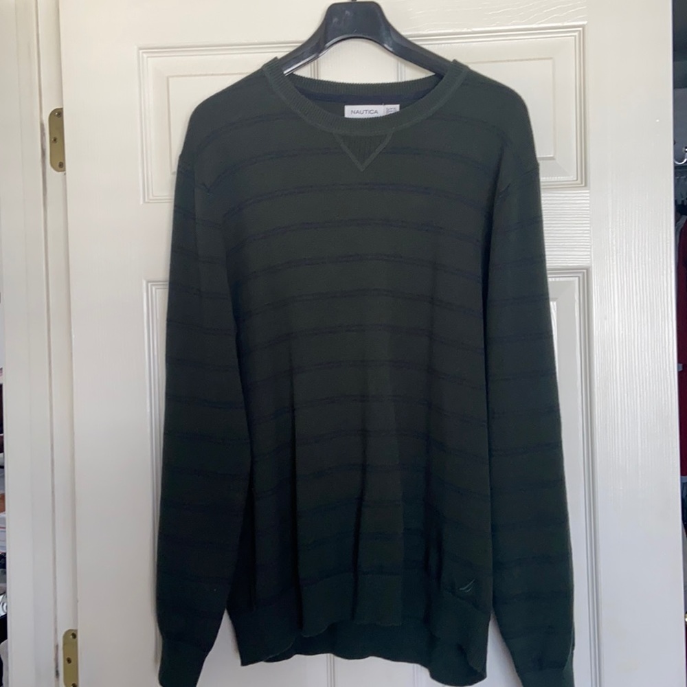 Nautica Mens Sweater Green Blue Size XL Navtech Double-Striped Crewneck